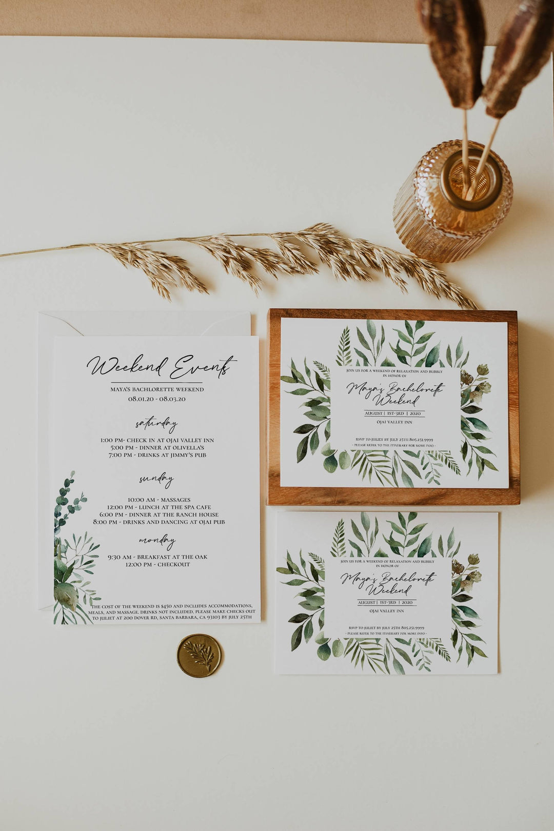 Printable Greenery Bachelorette Weekend Invitation - Greenery Bachelorette Weekend Itinerary - Trendy Bachelorette Party Invitations