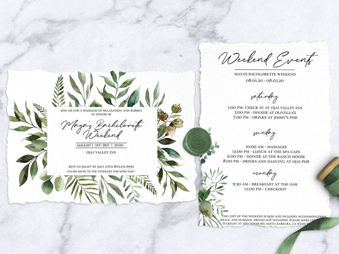 Printable Greenery Bachelorette Weekend Invitation - Greenery Bachelorette Weekend Itinerary - Trendy Bachelorette Party Invitations