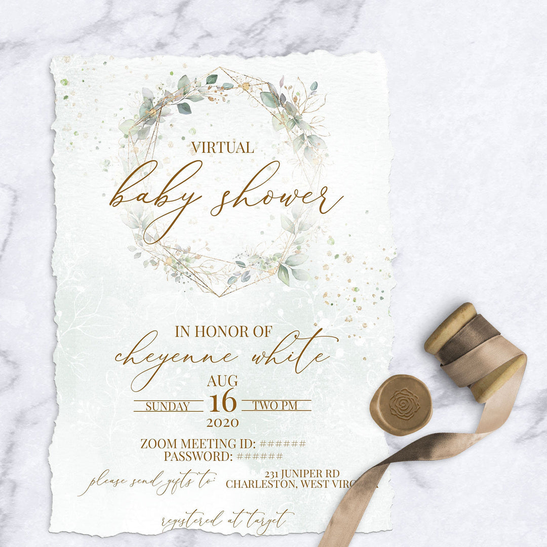 Eucalyptus Virtual Baby Shower Invitation - Greenery Virtual Baby Shower Invitation - COVID Baby Shower Invitation - Gold & Green Baby