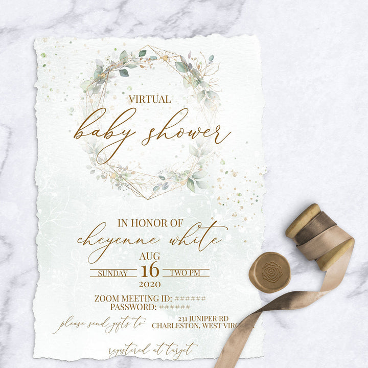 Eucalyptus Virtual Baby Shower Invitation - Greenery Virtual Baby Shower Invitation - COVID Baby Shower Invitation - Gold & Green Baby