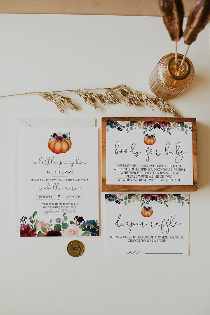Fall Pumpkin Baby Shower Invitations - Maroon Florals Fall Baby Shower Invite - Autumn Baby Shower Invitations - Fall Pumpkin Invitation
