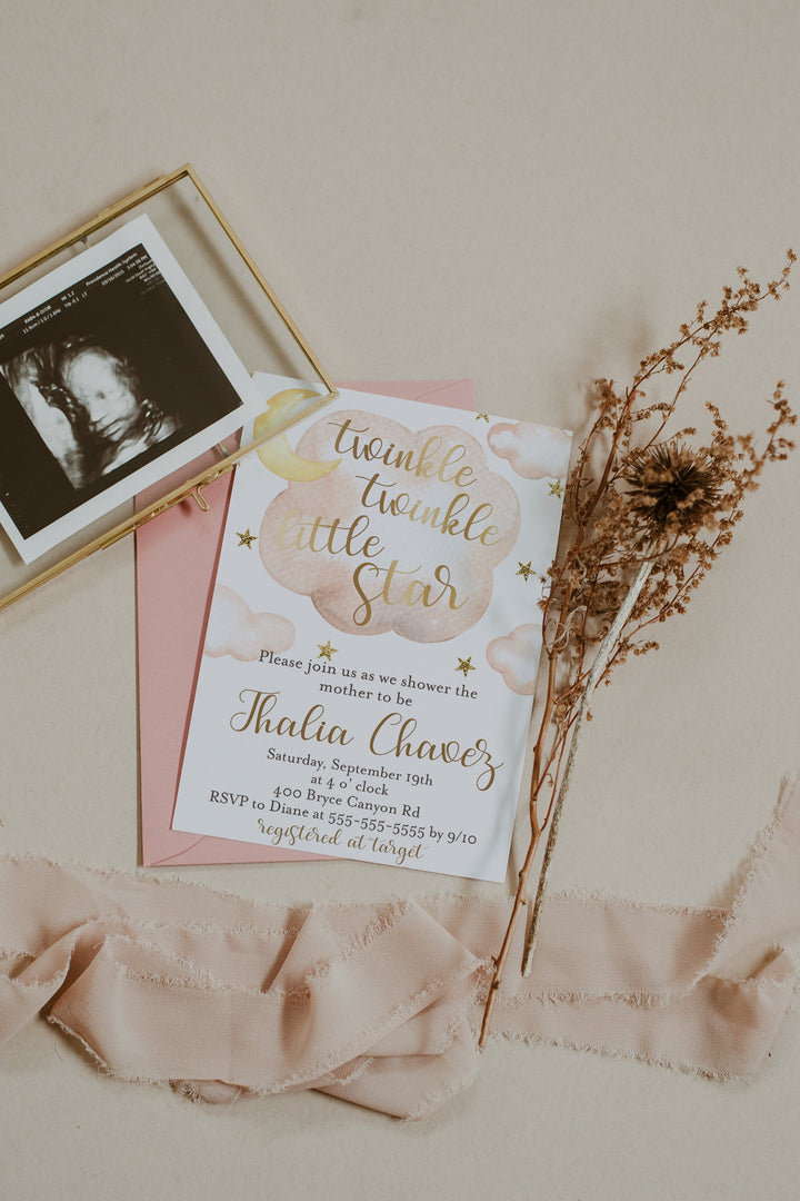 Twinkle Twinkle Baby Shower Invitation - Cloud Baby Shower Invitation - Moon and Stars Baby Shower Invitation - Baby Girl Baby Shower Invite