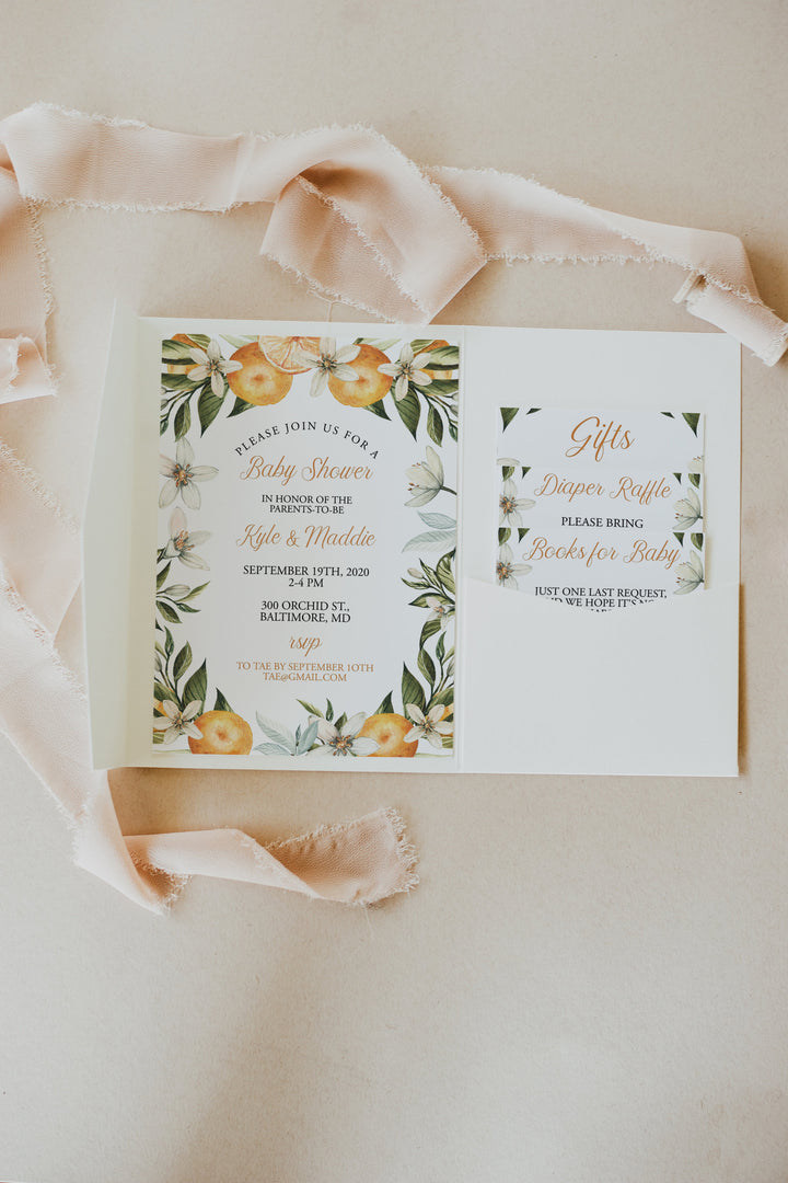 Floral Orange Themed Baby Shower Invitation - Little Cutie Baby Shower Invite - Floral Fruit Baby Shower Invitation - Oranges Baby Girl