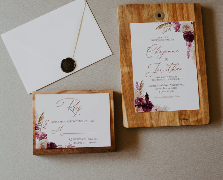 Bohemian Wedding Set Invitation - Maroon Wedding Invitation - Pampas Grass Wedding Invitation - Bohemian Wedding Template - Maroon Bohemian