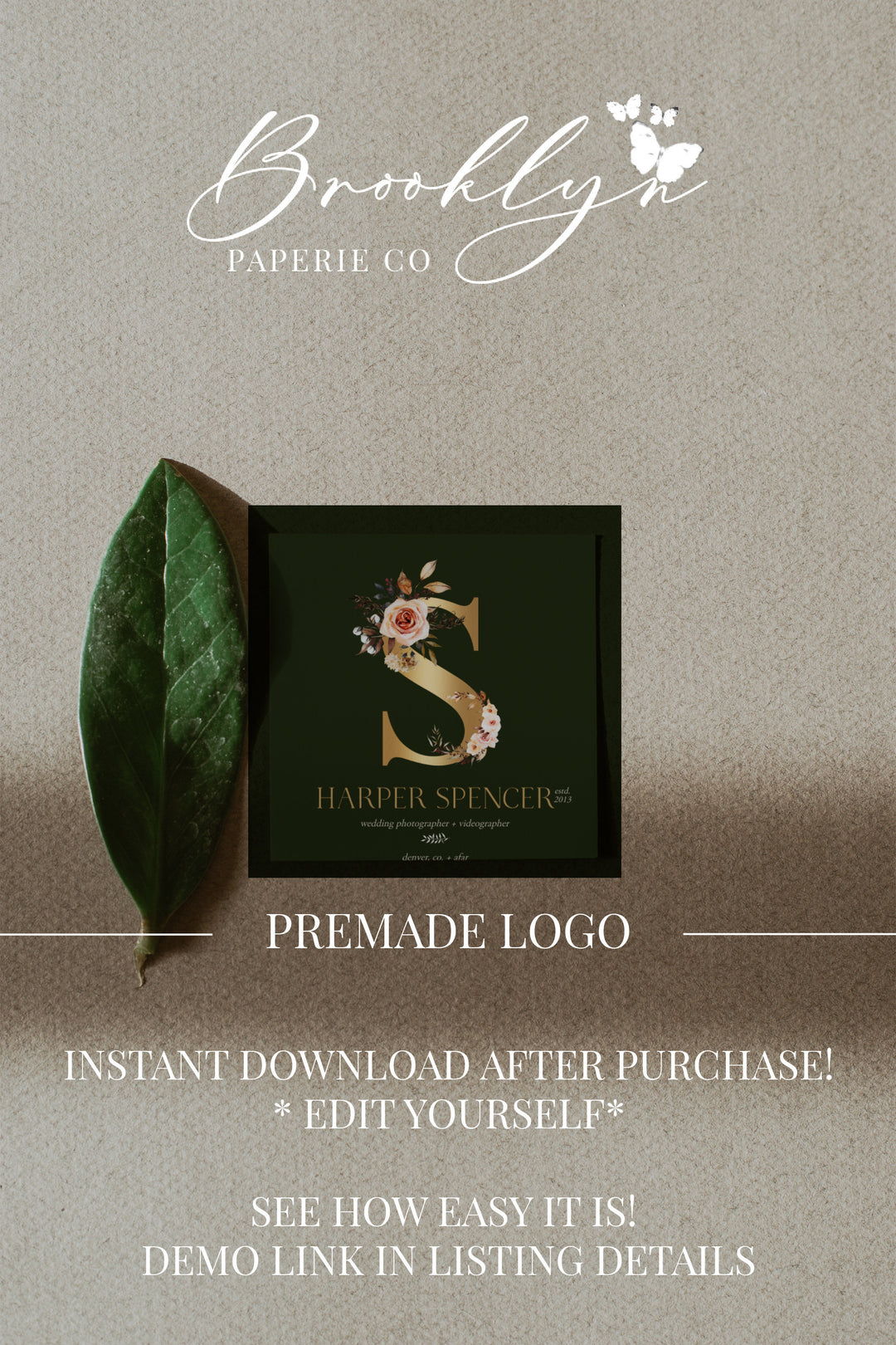 Gold Floral Premade Logo - Photographer Logo - Wedding Event Planner Logo - Editable Logo - Affordable Premade Logo - Wedding Stylist Logo
