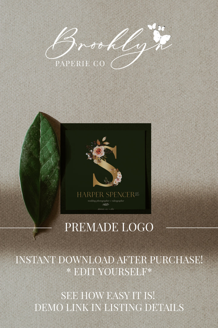 Gold Floral Premade Logo - Photographer Logo - Wedding Event Planner Logo - Editable Logo - Affordable Premade Logo - Wedding Stylist Logo
