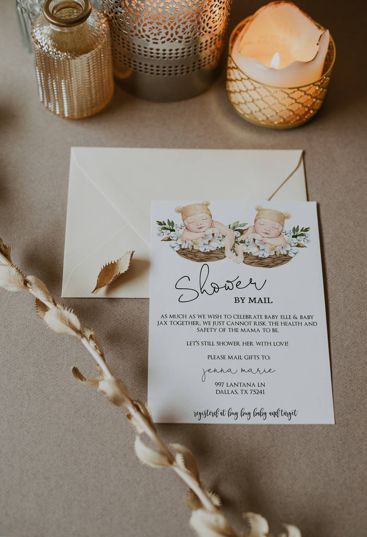 Twins Baby Shower Invitation - Twins Shower By Mail Invitation - Twins Social Distancing Baby Shower Invitation - Instant Edit Invite