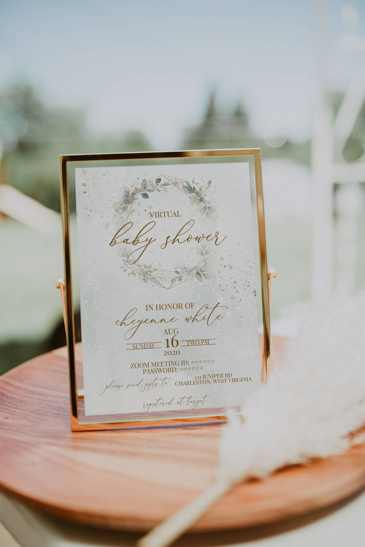 Eucalyptus Virtual Baby Shower Invitation - Greenery Virtual Baby Shower Invitation - COVID Baby Shower Invitation - Gold & Green Baby