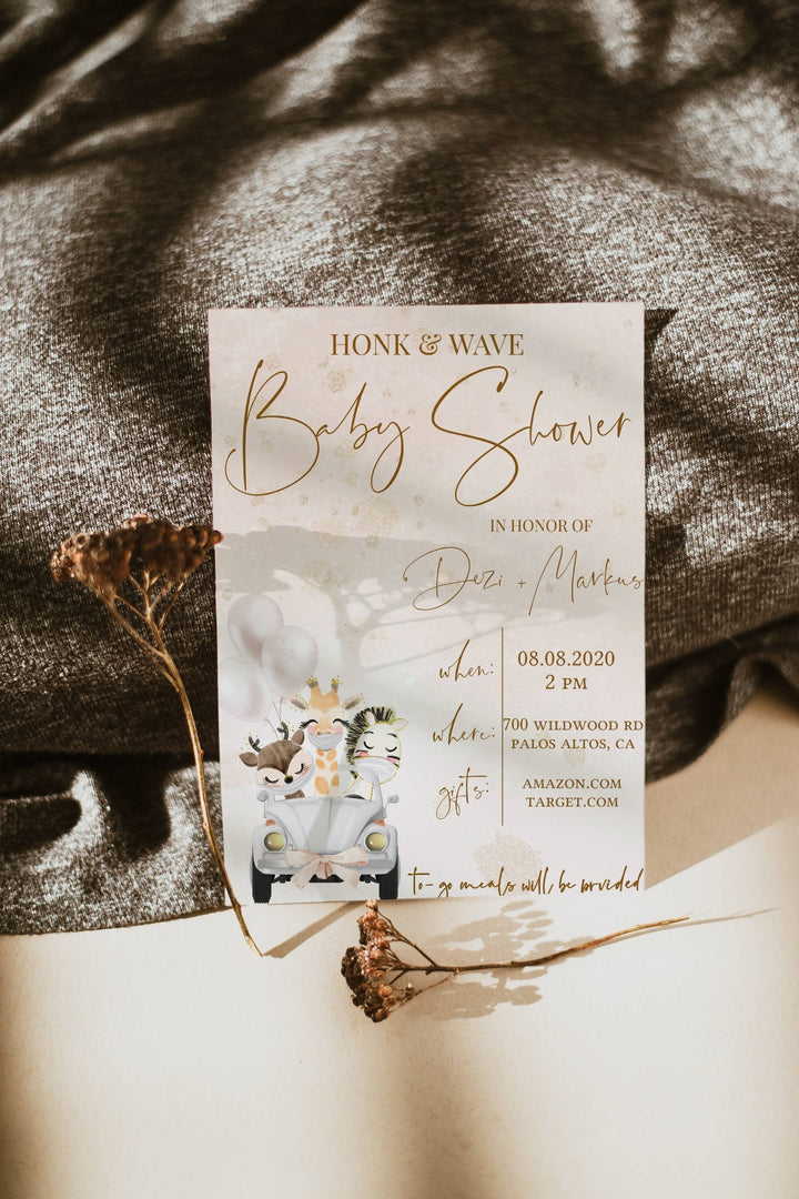 Safari Honk & Wave Baby Shower Invitation - Drive By Baby Shower Invitation - COVID Baby Shower Invitation - Quarantine Baby Shower Invite