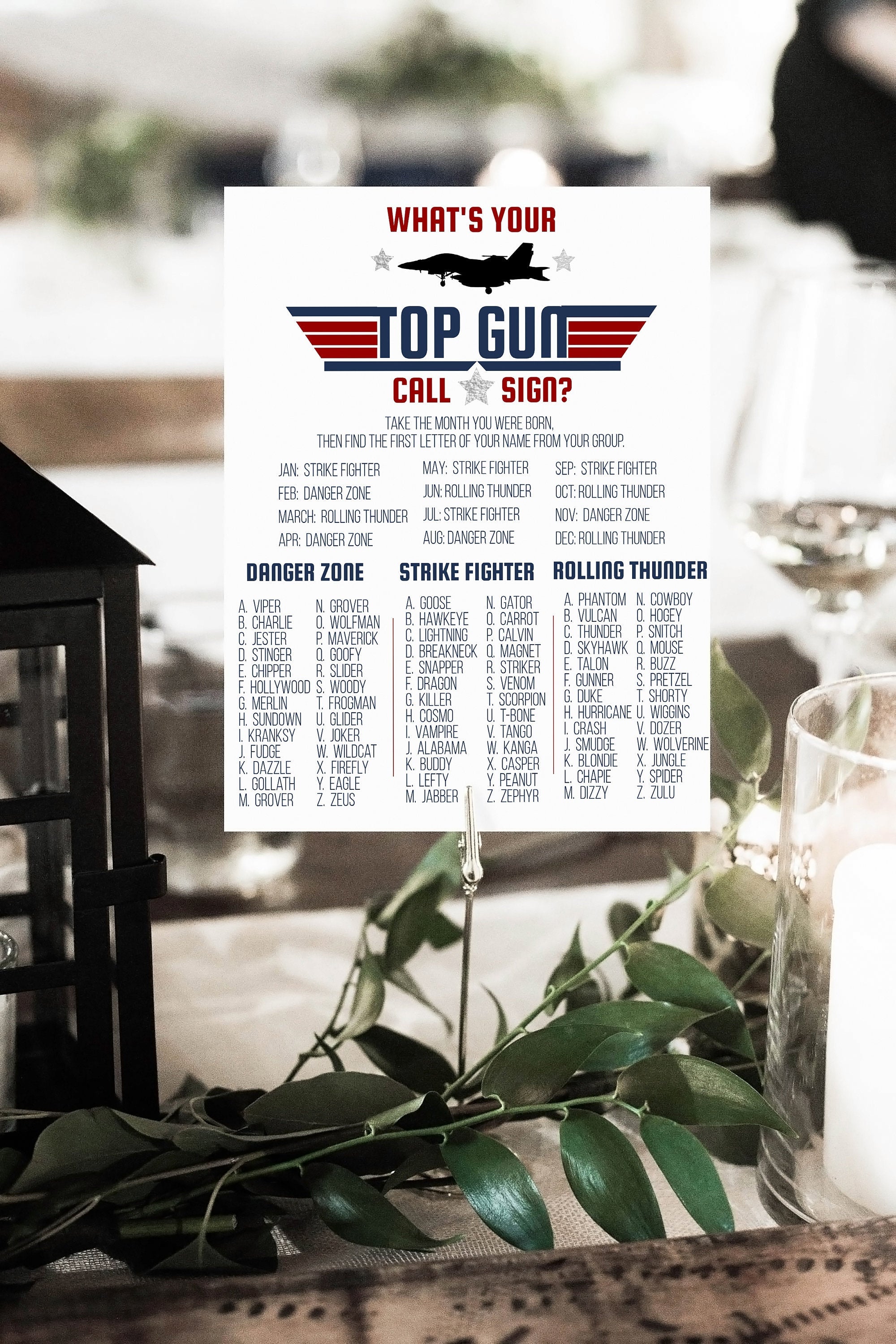 Top Gun Birthday Party Game - Whats Your Top Gun Call Sign Game