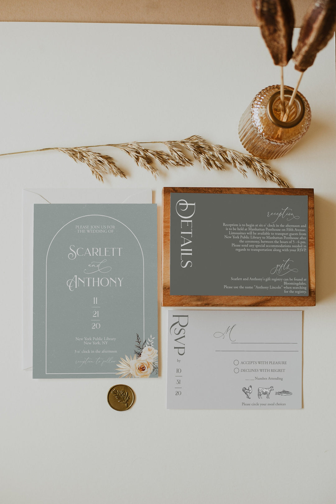 Dusty Blue and Sage Green Wedding Invitations - Minimalist Boho Wedding Invitation Suite -  Modern Boho Sage Green Wedding Invitation Suite