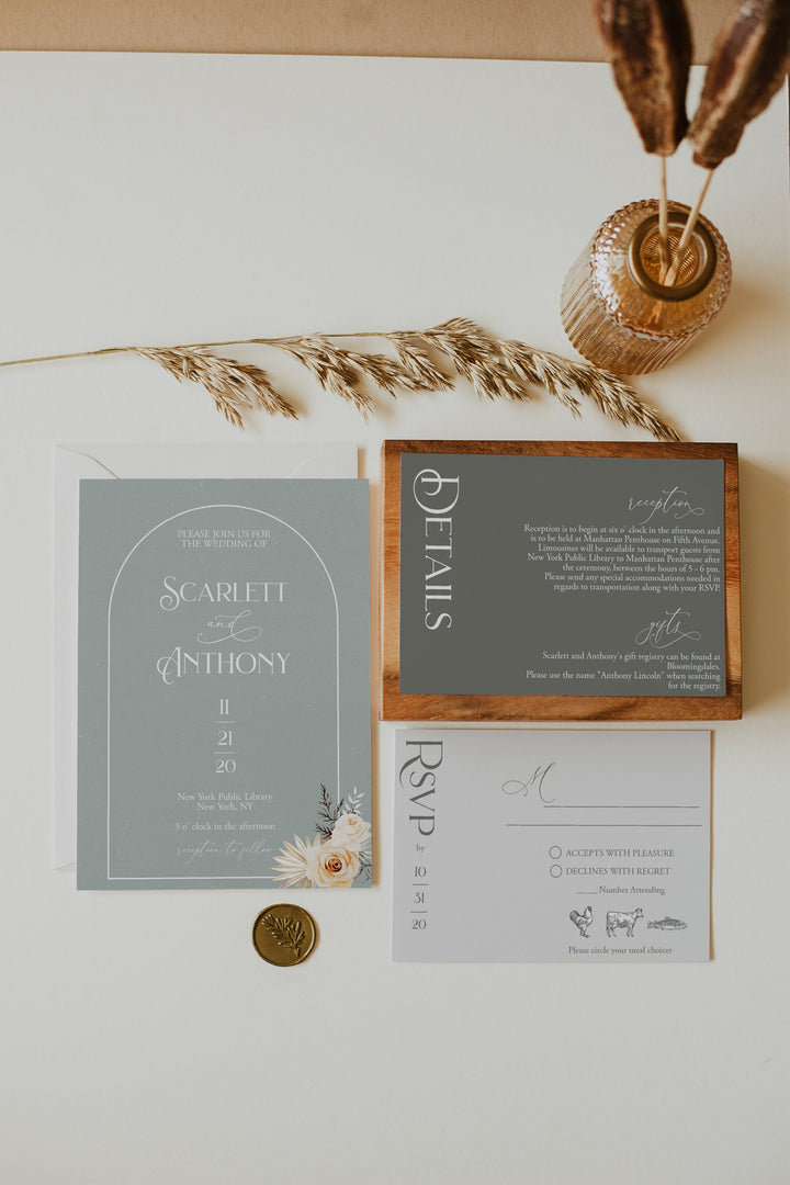 Dusty Blue and Sage Green Wedding Invitations - Minimalist Boho Wedding Invitation Suite -  Modern Boho Sage Green Wedding Invitation Suite