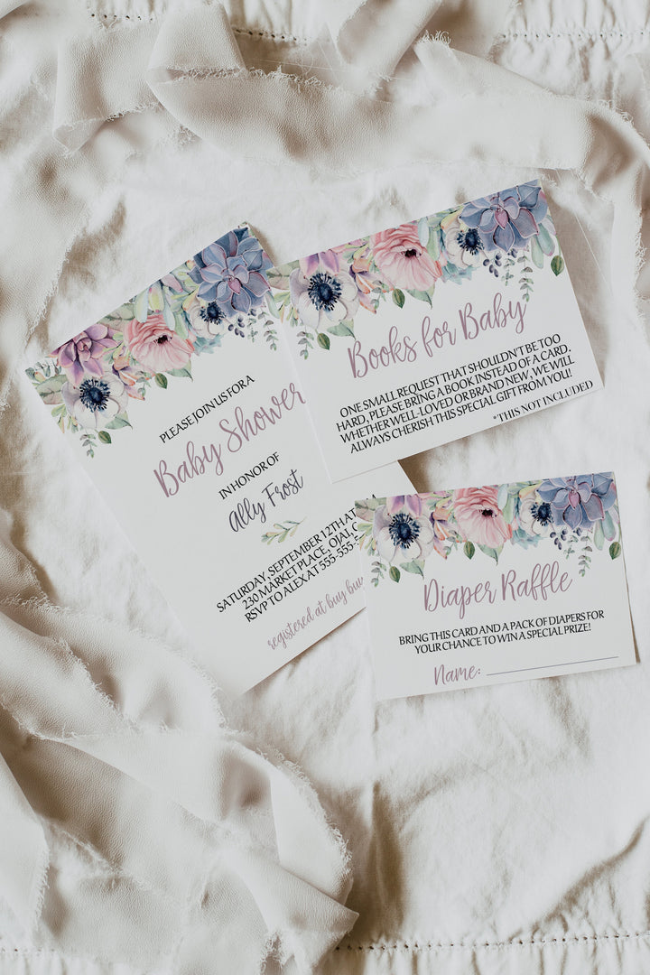 Floral Succulent Baby Shower Invitation - Purple Succulent Baby Shower Invitation - Succulent Books for Baby Card - Girl Baby Shower Invite