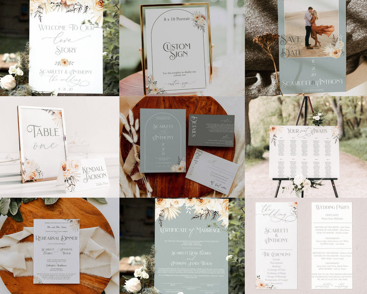 Dusty Blue and Sage Green Wedding Invitation Bundle - Boho Sage Green Wedding Invitation - Minimalist Wedding Invitation - 40+ Templates