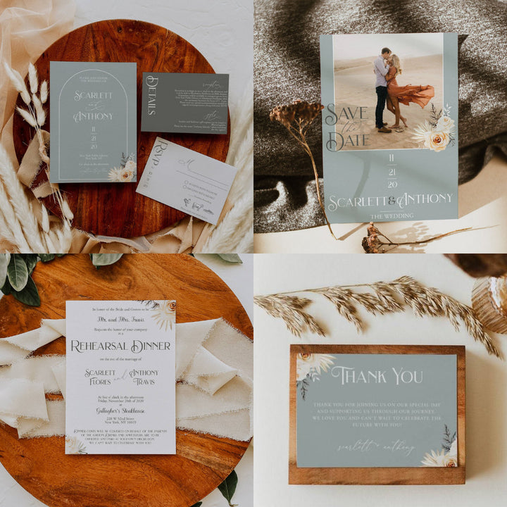 Dusty Blue and Sage Green Wedding Invitation Bundle - Boho Sage Green Wedding Invitation - Minimalist Wedding Invitation - 40+ Templates