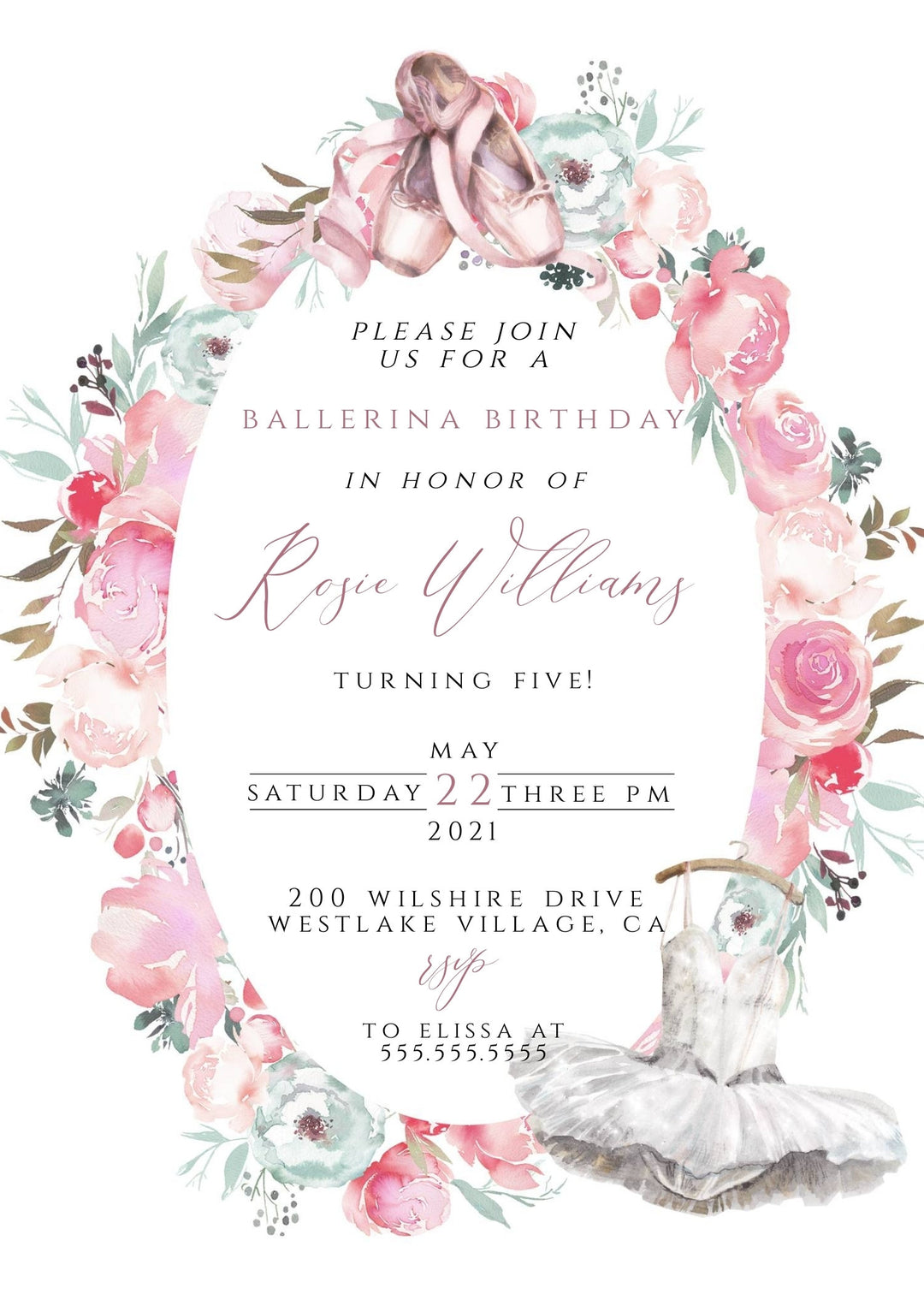 Ballerina Birthday Party Invitation - Floral Ballerina Birthday Invitation - Princess Ballerina Birthday Party Invite - Tutu Birthday Invite