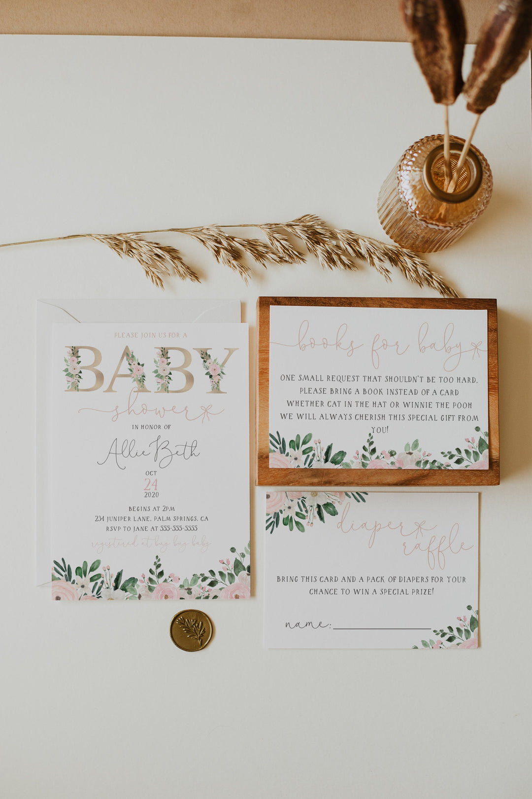 Blush Pink Floral Baby Shower Invitation - Soft Baby Pink Floral Baby Shower - Baby Girl Pink Baby Shower Invitation Suite - Floral Baby