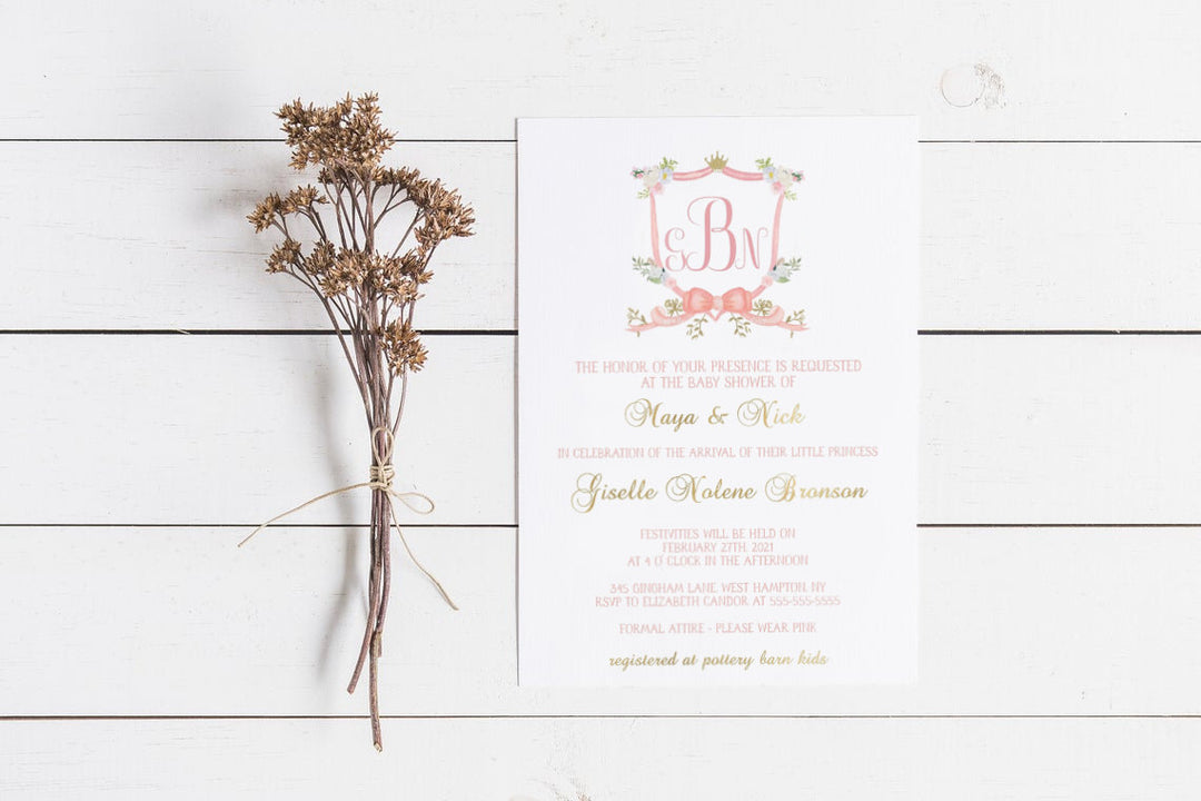 Pink Monogram Watercolor Crest Baby Shower Invitation - New Baby Crest Invitation - Baby Girl Monogram Crest Baby Shower Invitation - Crest