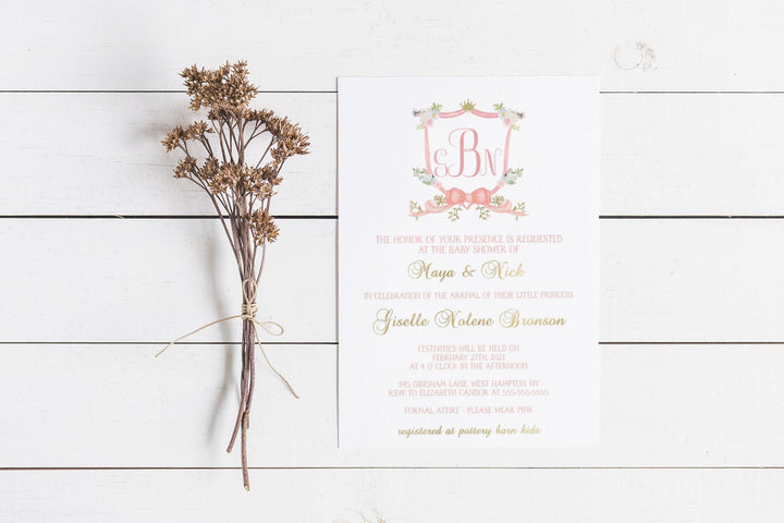 Pink Monogram Watercolor Crest Baby Shower Invitation - New Baby Crest Invitation - Baby Girl Monogram Crest Baby Shower Invitation - Crest