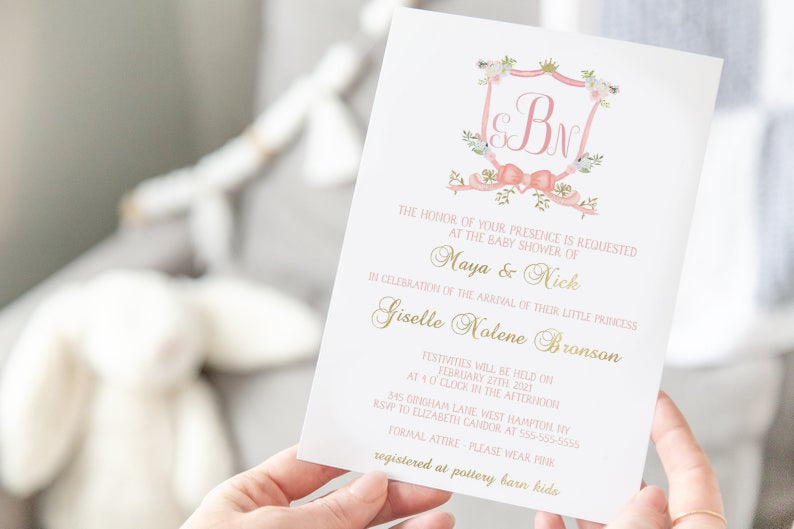 Pink Monogram Watercolor Crest Baby Shower Invitation - New Baby Crest Invitation - Baby Girl Monogram Crest Baby Shower Invitation - Crest