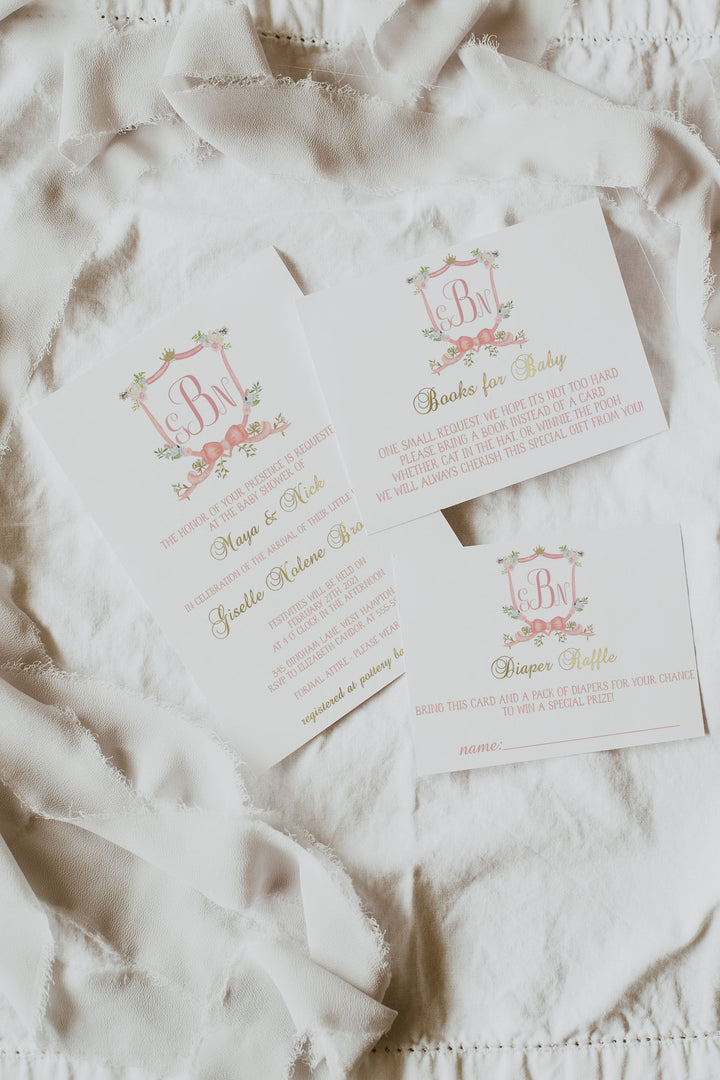 Pink Monogram Watercolor Crest Baby Shower Invitation - New Baby Crest Invitation - Baby Girl Monogram Crest Baby Shower Invitation - Crest