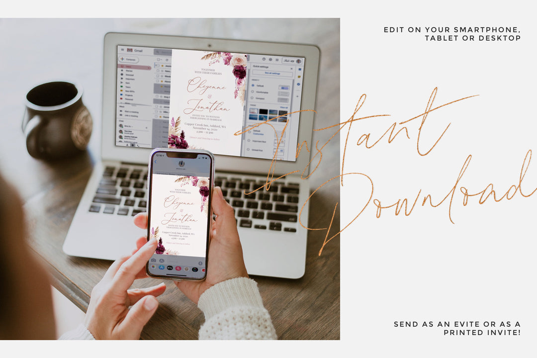 Bohemian Wedding Set Invitation - Maroon Wedding Invitation - Pampas Grass Wedding Invitation - Bohemian Wedding Template - Maroon Bohemian
