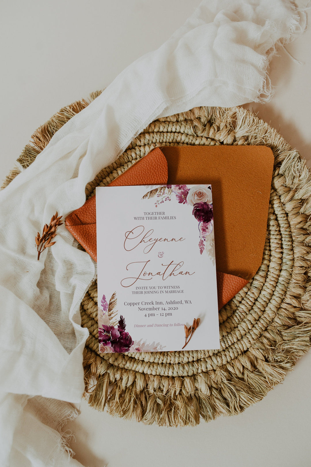 Bohemian Wedding Set Invitation - Maroon Wedding Invitation - Pampas Grass Wedding Invitation - Bohemian Wedding Template - Maroon Bohemian