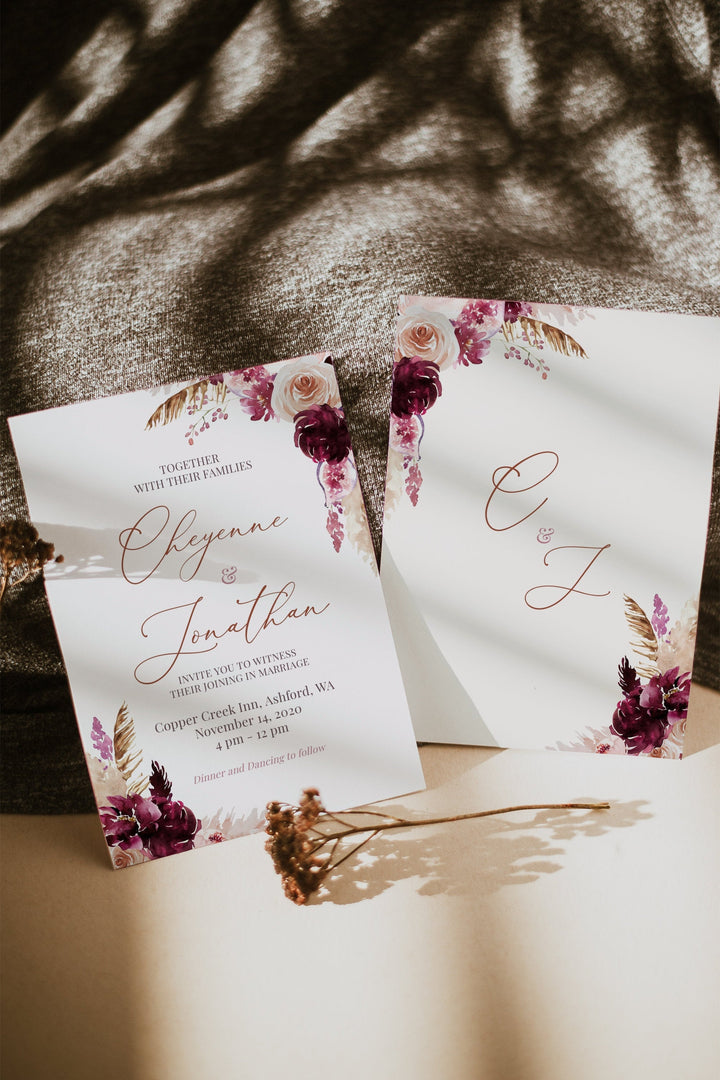 Bohemian Wedding Set Invitation - Maroon Wedding Invitation - Pampas Grass Wedding Invitation - Bohemian Wedding Template - Maroon Bohemian