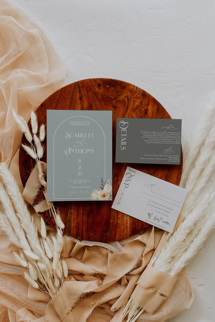 Dusty Blue and Sage Green Wedding Invitations - Minimalist Boho Wedding Invitation Suite -  Modern Boho Sage Green Wedding Invitation Suite
