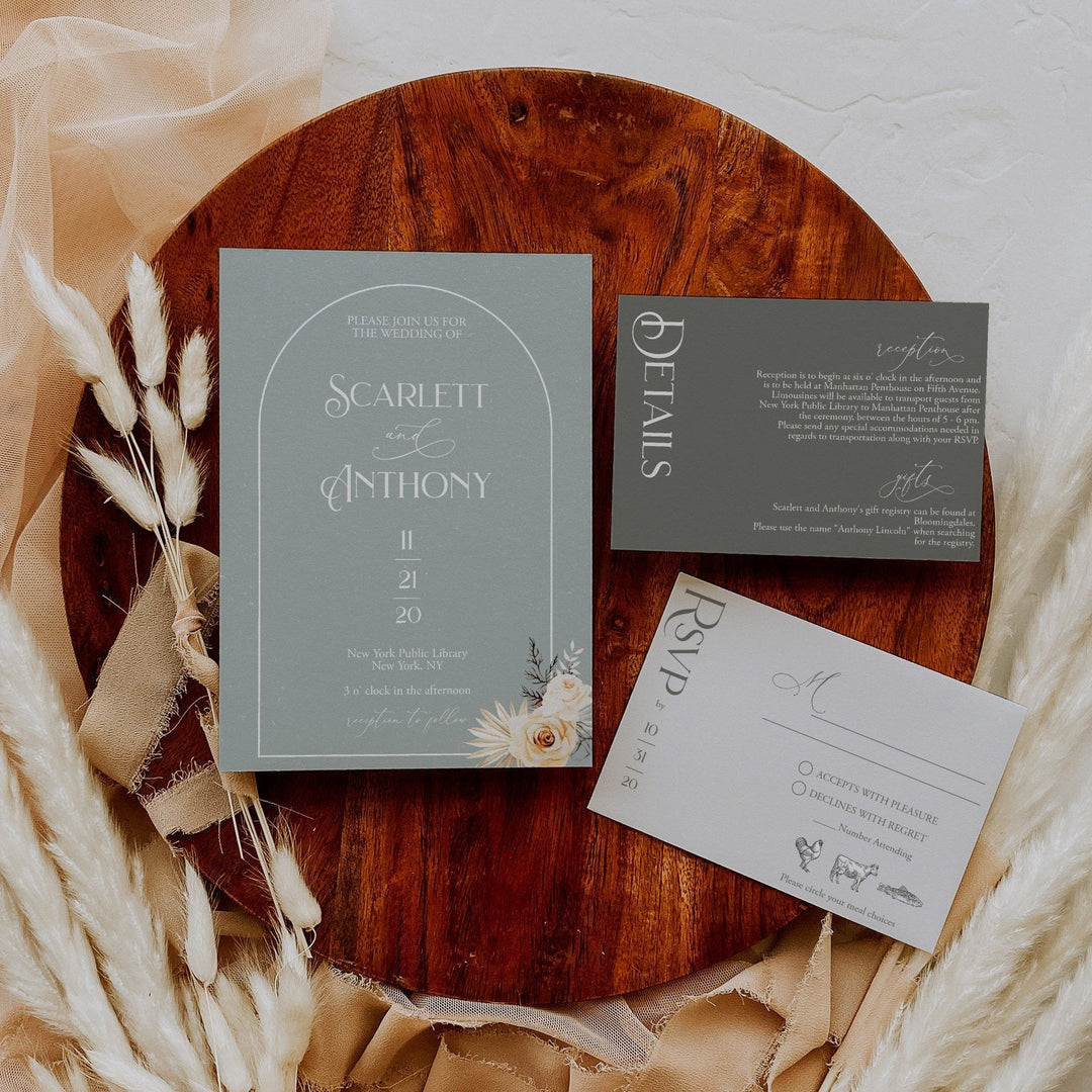 Dusty Blue and Sage Green Wedding Invitations - Minimalist Boho Wedding Invitation Suite -  Modern Boho Sage Green Wedding Invitation Suite