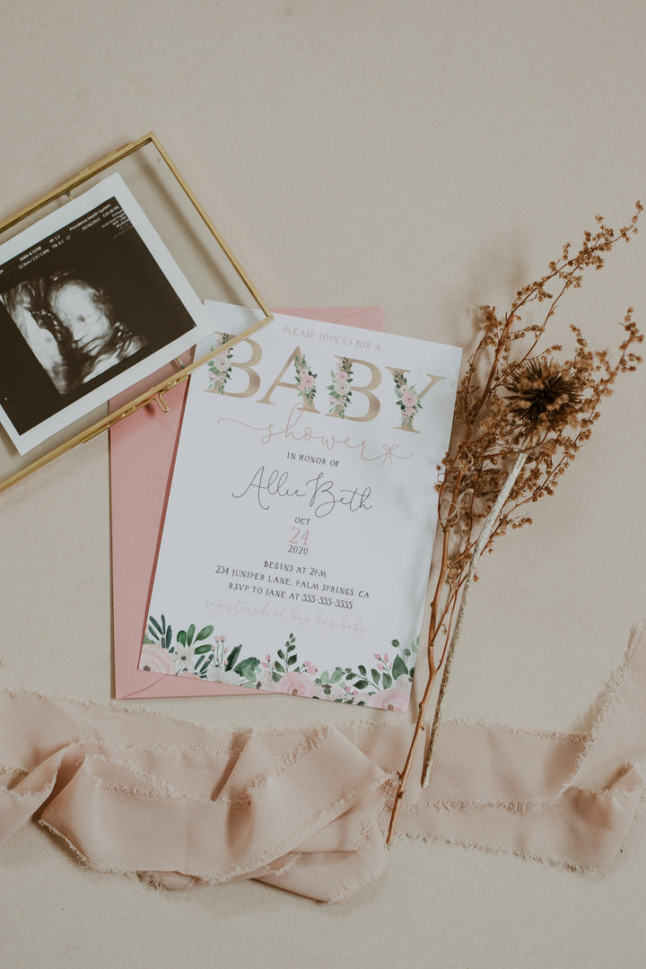 Blush Pink Floral Baby Shower Invitation - Soft Baby Pink Floral Baby Shower - Baby Girl Pink Baby Shower Invitation Suite - Floral Baby