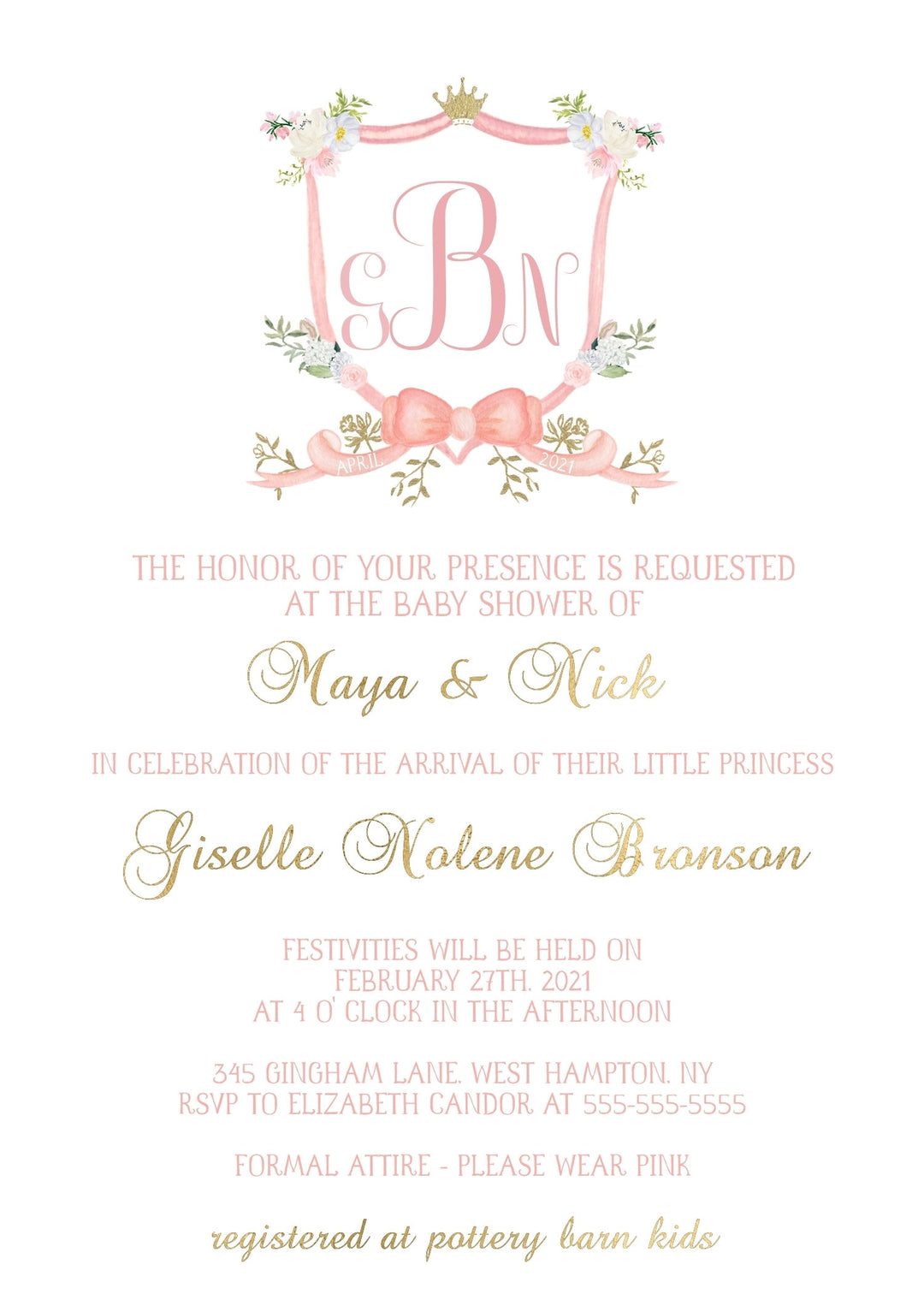 Pink Monogram Watercolor Crest Baby Shower Invitation - New Baby Crest Invitation - Baby Girl Monogram Crest Baby Shower Invitation - Crest