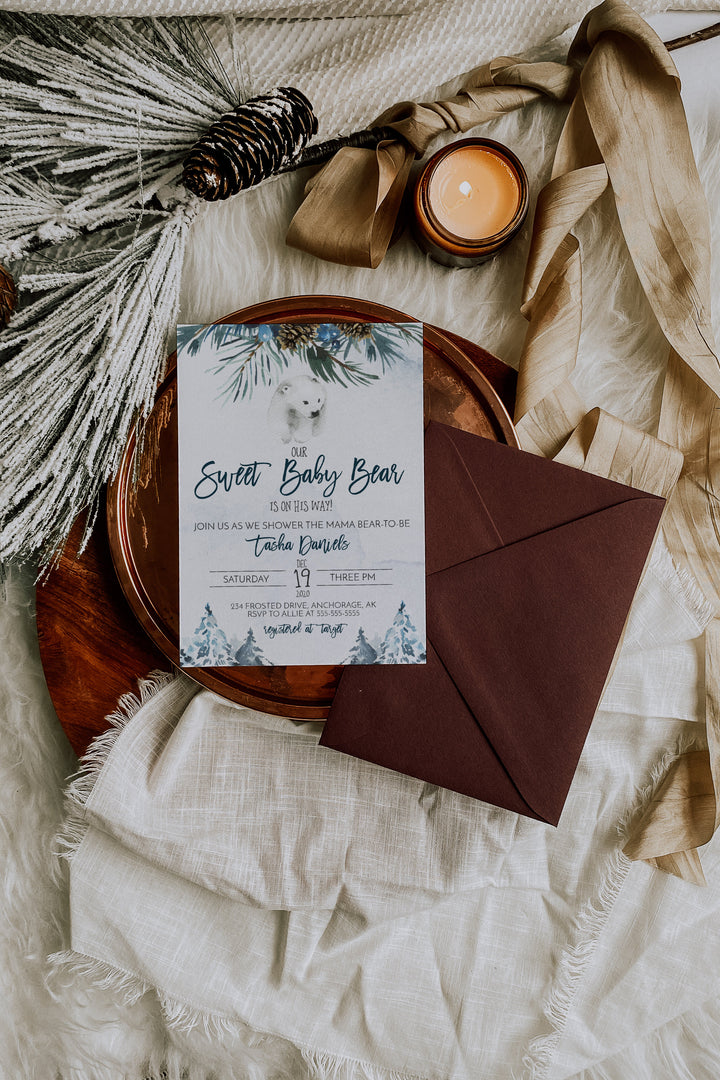 Winter Baby Shower Invitation - Sweet Baby Bear Baby Shower Invitation Suite - Winter Polar Bear Baby Shower Invite - Christmas Baby Shower