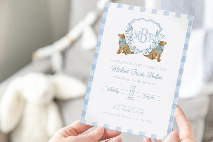 Gingham Crest Baby Shower Invitation - Boy Crest Baby Shower Invitation - Preppy Baby Boy Shower Invitation - Edit Online Baby Shower Invite