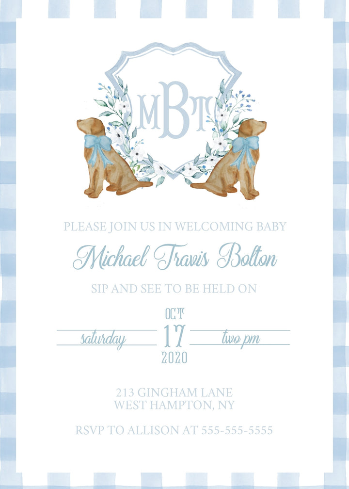 Gingham Crest Baby Shower Invitation - Boy Crest Baby Shower Invitation - Preppy Baby Boy Shower Invitation - Edit Online Baby Shower Invite