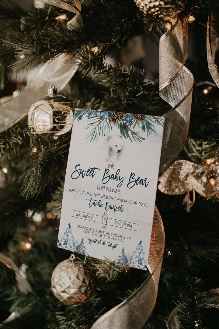 Winter Baby Shower Invitation - Sweet Baby Bear Baby Shower Invitation Suite - Winter Polar Bear Baby Shower Invite - Christmas Baby Shower