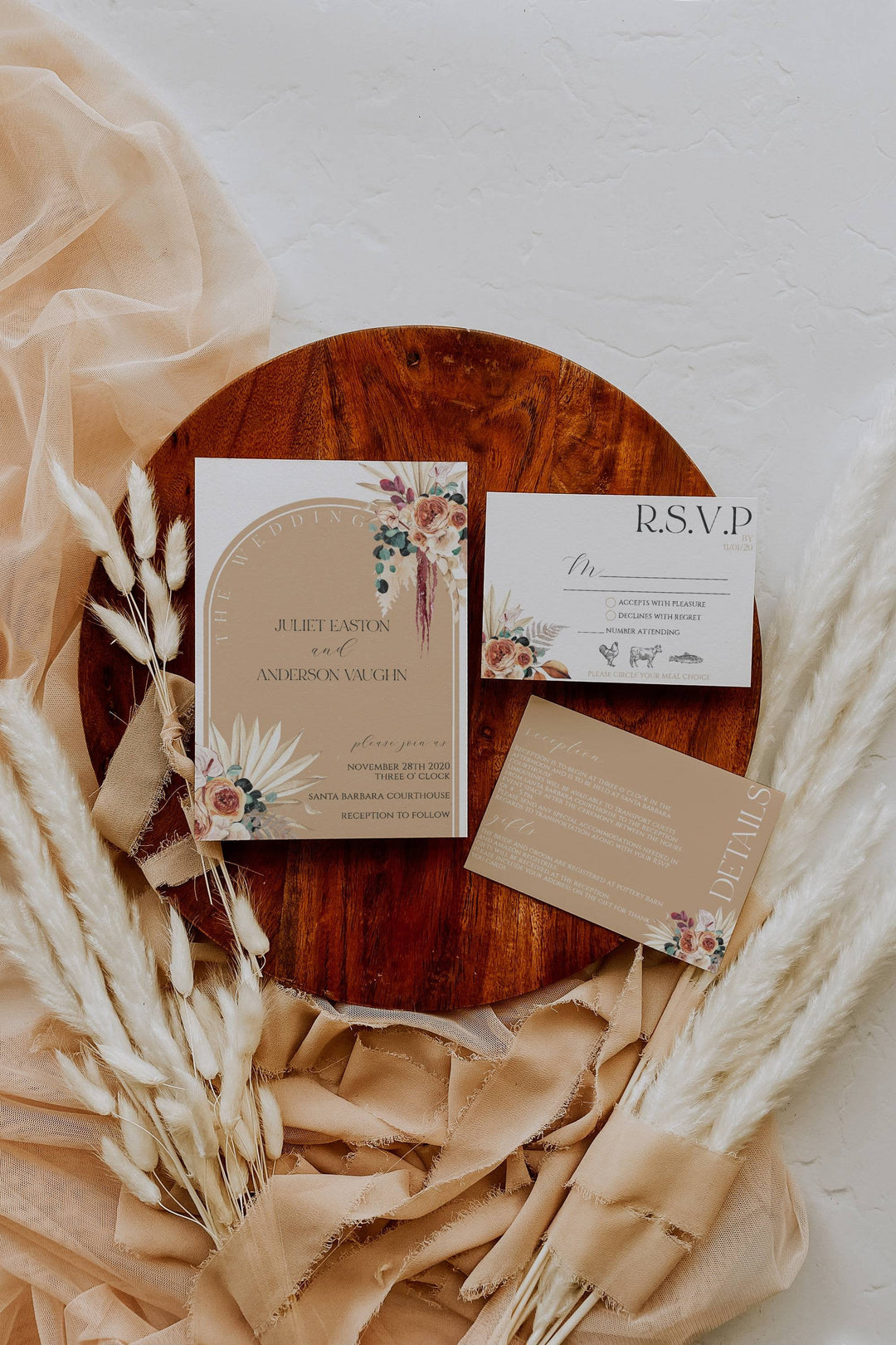 Boho Terracotta and Pampas Grass Wedding Invitation - Boho Palm Leaf Wedding Invitation - Arch Wedding Invitation Suite - Boho Wedding RSVP