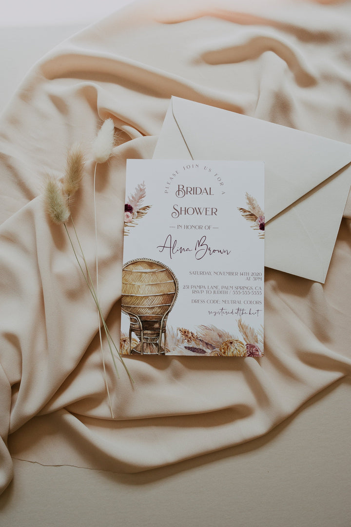 Boho Bridal Shower Invitation - Boho Pampas Grass Bridal Shower Invitation - Neutral Earthy Boho Bachelorette Invitation - Bridal Shower Inv