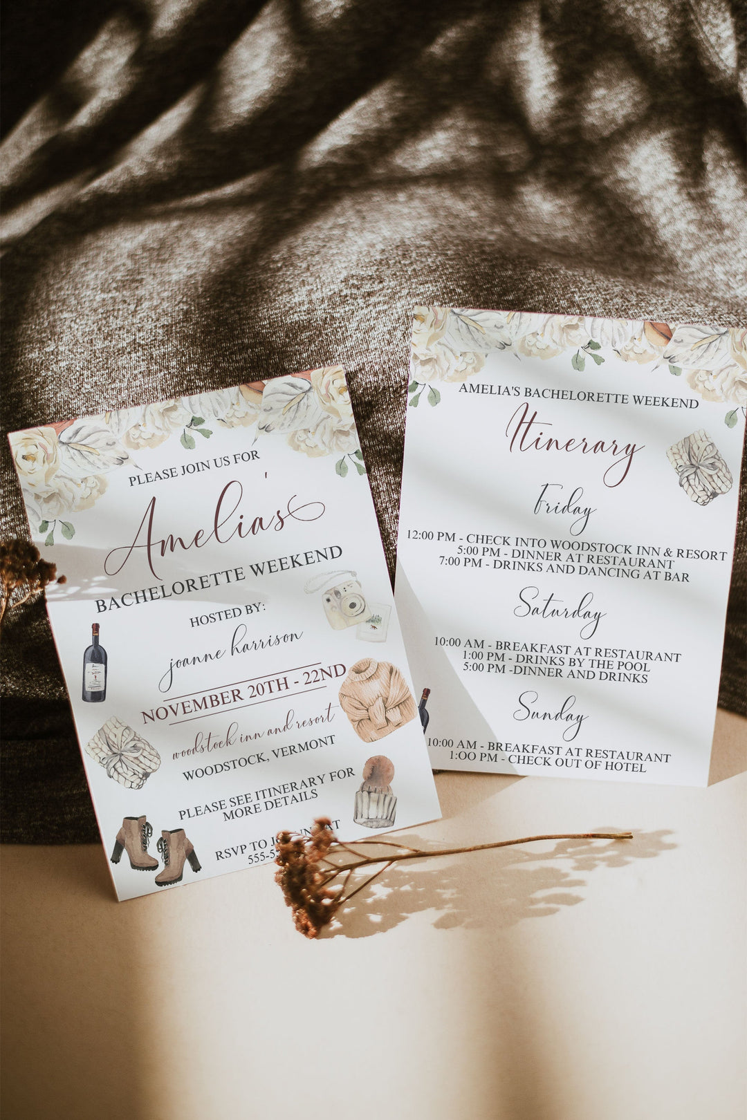Fall November Bachelorette Weekend Invitation - Cozy Fall Bachelorette Party Invitation - Autumn Bachelorette Party Invite - Itinerary Inclu