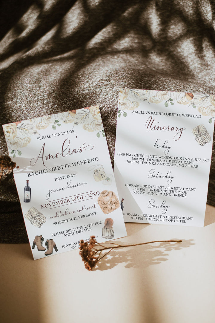 Fall November Bachelorette Weekend Invitation - Cozy Fall Bachelorette Party Invitation - Autumn Bachelorette Party Invite - Itinerary Inclu