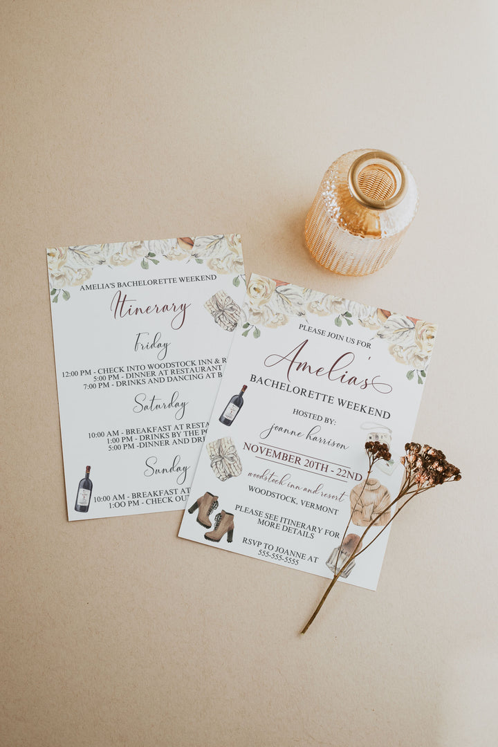 Fall November Bachelorette Weekend Invitation - Cozy Fall Bachelorette Party Invitation - Autumn Bachelorette Party Invite - Itinerary Inclu
