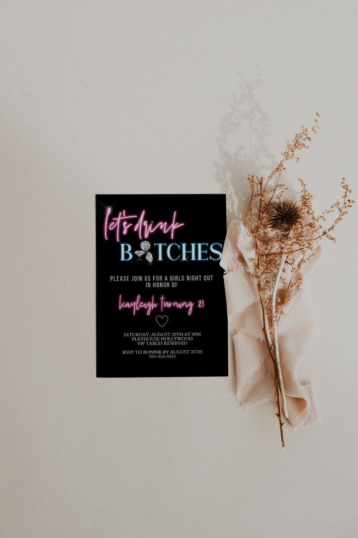 Neon 21st Birthday Invitation - Girls Night Out Invitation - Girly 21st Birthday Invitation - Clubbing 21st Birthday Invite - Bar Hopping