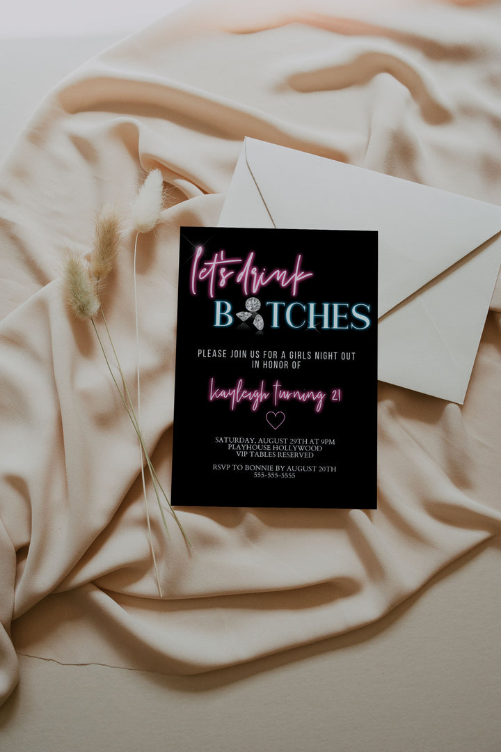 Neon 21st Birthday Invitation - Girls Night Out Invitation - Girly 21st Birthday Invitation - Clubbing 21st Birthday Invite - Bar Hopping