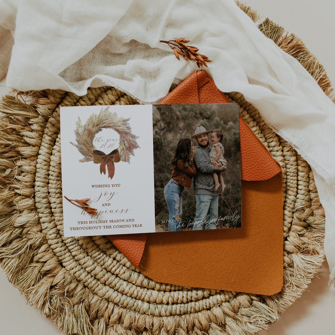 Boho Pampas Wreath Christmas Card - Neutral Boho Christmas Card with Picture - 7x5 Boho Pampas Grass Christmas Card - Earthy Boho Christmas