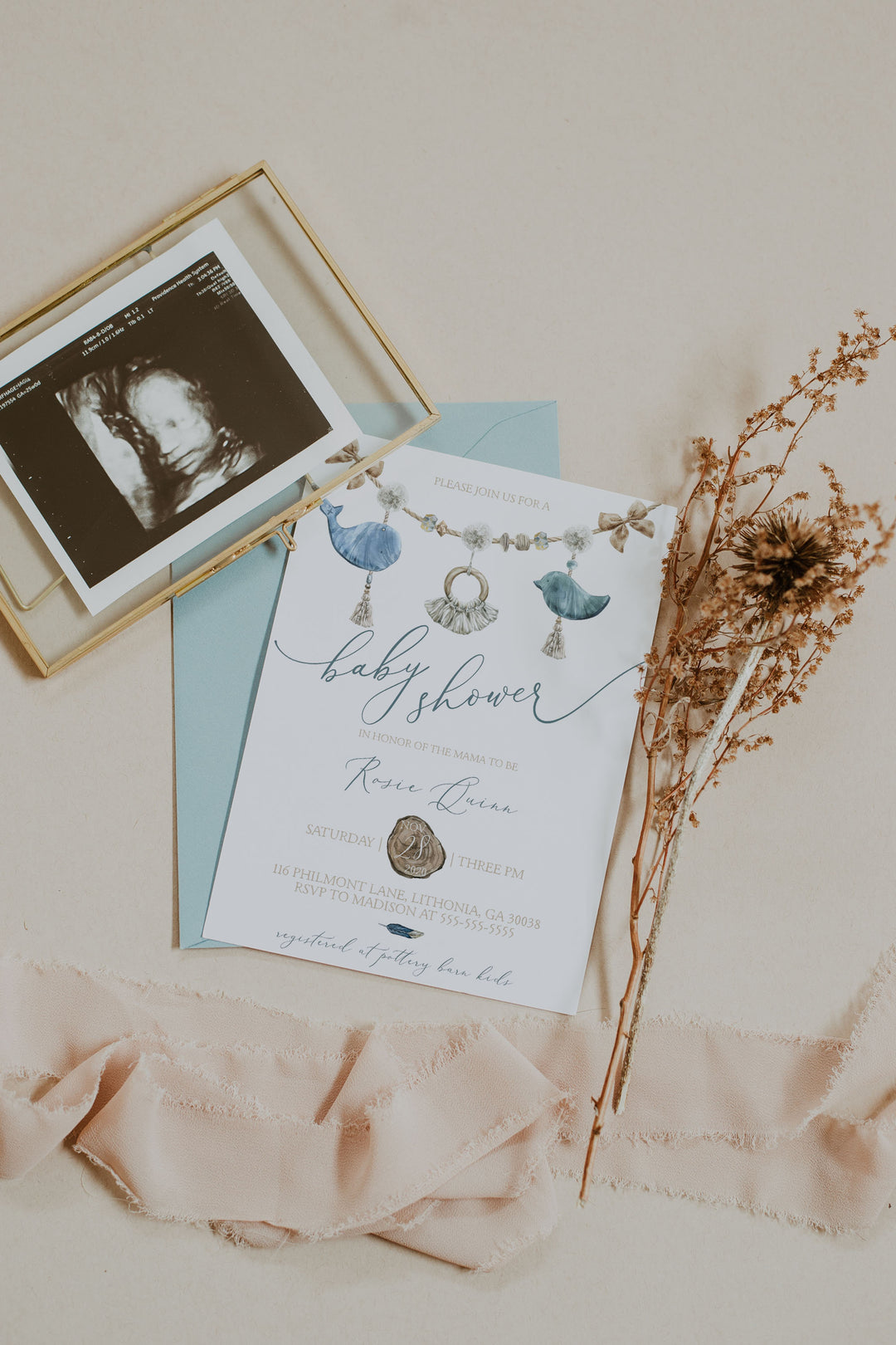 Blue Boho Baby Shower Invitation - Boho Boy Baby Shower Invitation - Simple Baby Boy Boho Baby Shower Invite - Macrame Baby Shower Invite