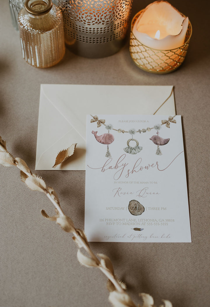 Pink Boho Baby Shower Invitation - Boho Macrame Baby Shower Invitation - Baby Girl Boho Baby Shower Invitation Set - Simple Boho Baby Invite