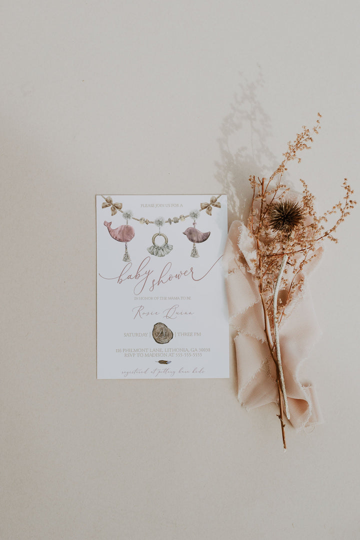 Pink Boho Baby Shower Invitation - Boho Macrame Baby Shower Invitation - Baby Girl Boho Baby Shower Invitation Set - Simple Boho Baby Invite