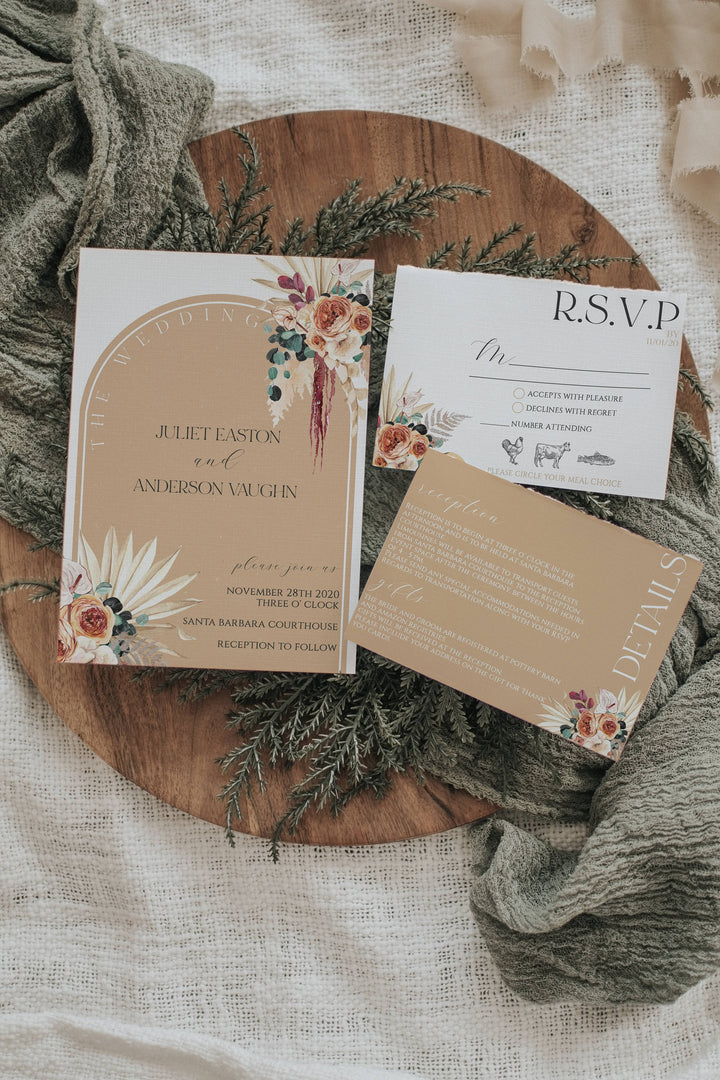 Boho Terracotta and Pampas Grass Wedding Invitation - Boho Palm Leaf Wedding Invitation - Arch Wedding Invitation Suite - Boho Wedding RSVP