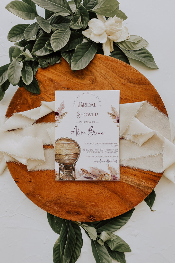 Boho Bridal Shower Invitation - Boho Pampas Grass Bridal Shower Invitation - Neutral Earthy Boho Bachelorette Invitation - Bridal Shower Inv