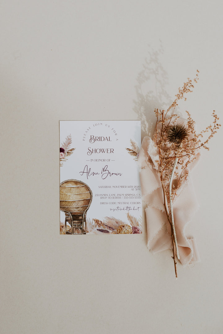 Boho Bridal Shower Invitation - Boho Pampas Grass Bridal Shower Invitation - Neutral Earthy Boho Bachelorette Invitation - Bridal Shower Inv